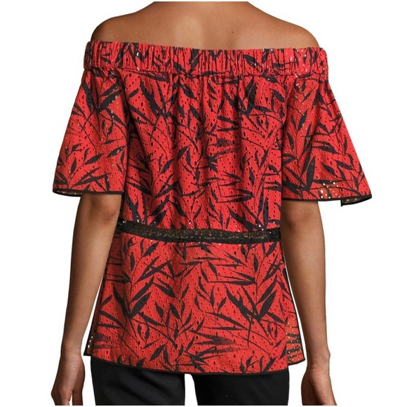 Prabal Gurung Off The Shoulder Printed Eyelet Blouse Size 6 - Picture 2 of 12